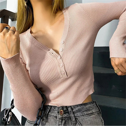 Fall Solid Color Sexy Deep V-Neck Half-Button Long Sleeve Knit Top for Women, High-Waisted Short Crop Bodysuit, Underwear Style