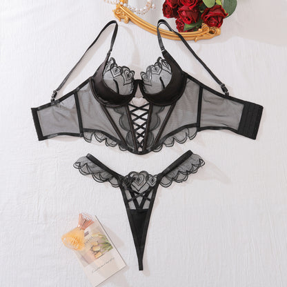 Love Embroidery Body shaping Bra Underwear Two piece Set Cross Tie Perspective Sexy Underwear Set for Women