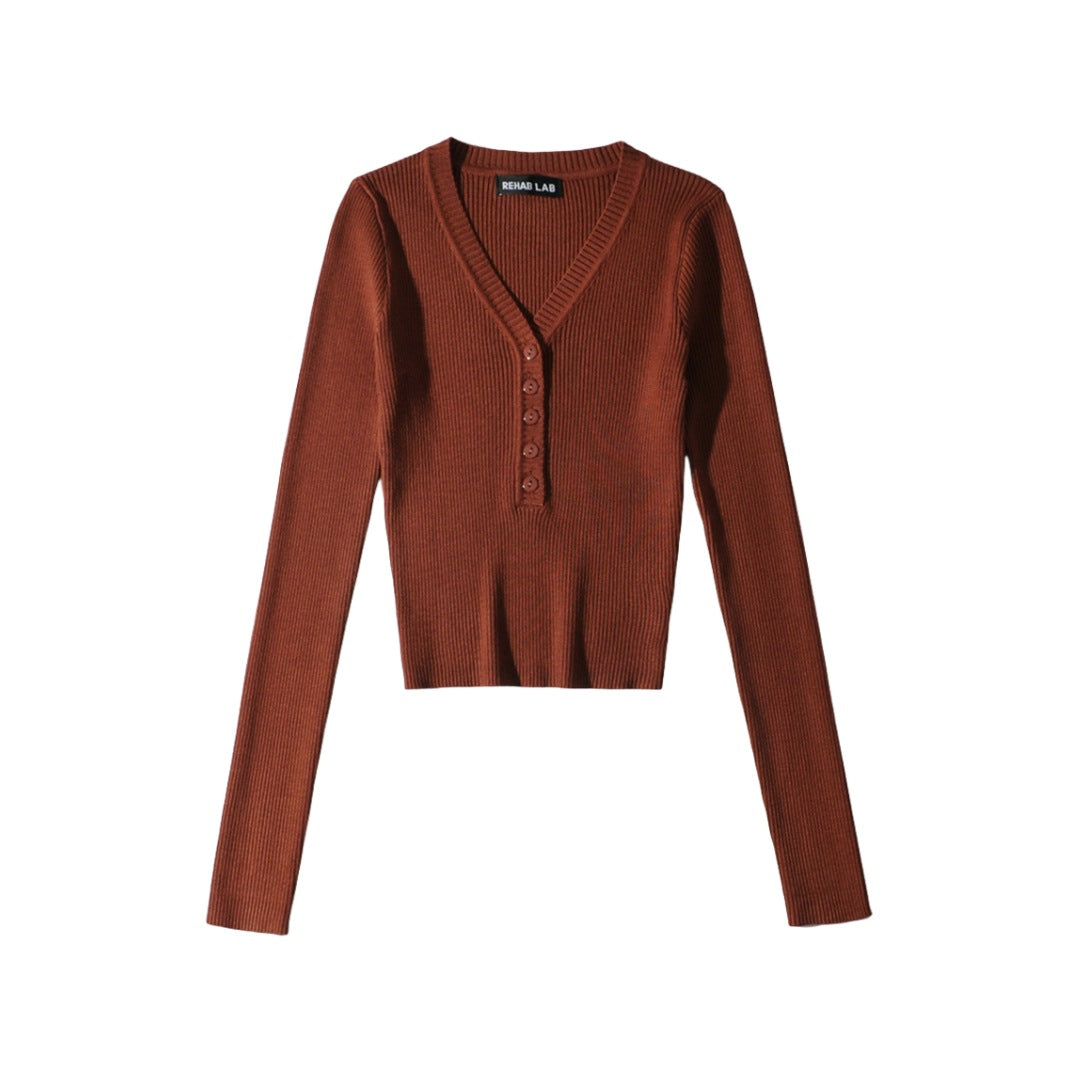 Fall Solid Color Sexy Deep V-Neck Half-Button Long Sleeve Knit Top for Women, High-Waisted Short Crop Bodysuit, Underwear Style