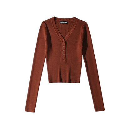Fall Solid Color Sexy Deep V-Neck Half-Button Long Sleeve Knit Top for Women, High-Waisted Short Crop Bodysuit, Underwear Style