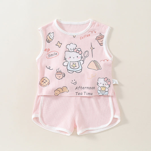 Cute Baby Girl Outfit Set, Thin Sleeveless Top Two-Piece Set