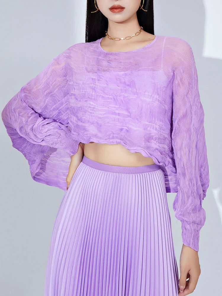 Pleated Long Sleeve Blouse For Women Round Collar Solid Color  Summer Elegant Female Casual Breathable Clothing