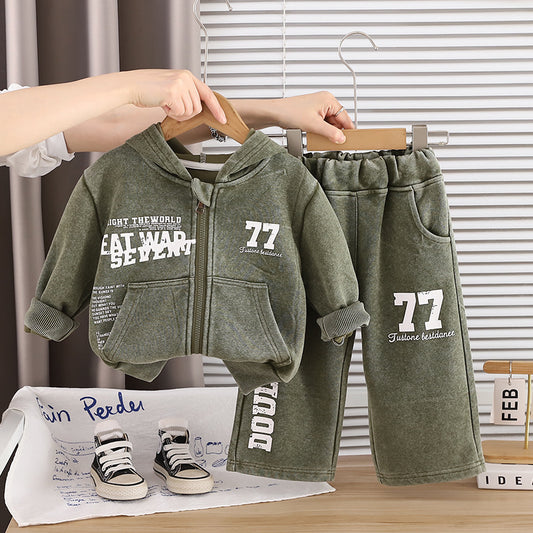 Children's clothing casual baby hooded long sleeved two-piece set