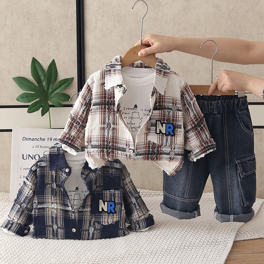 Spring and Autumn Checkered Shirt Three Piece Set for Infants and Children