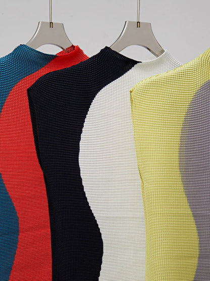 Contrast Color Pleated T-shirt For Women Round Neck Sleeveless Slim Designer Tops Female Clothing