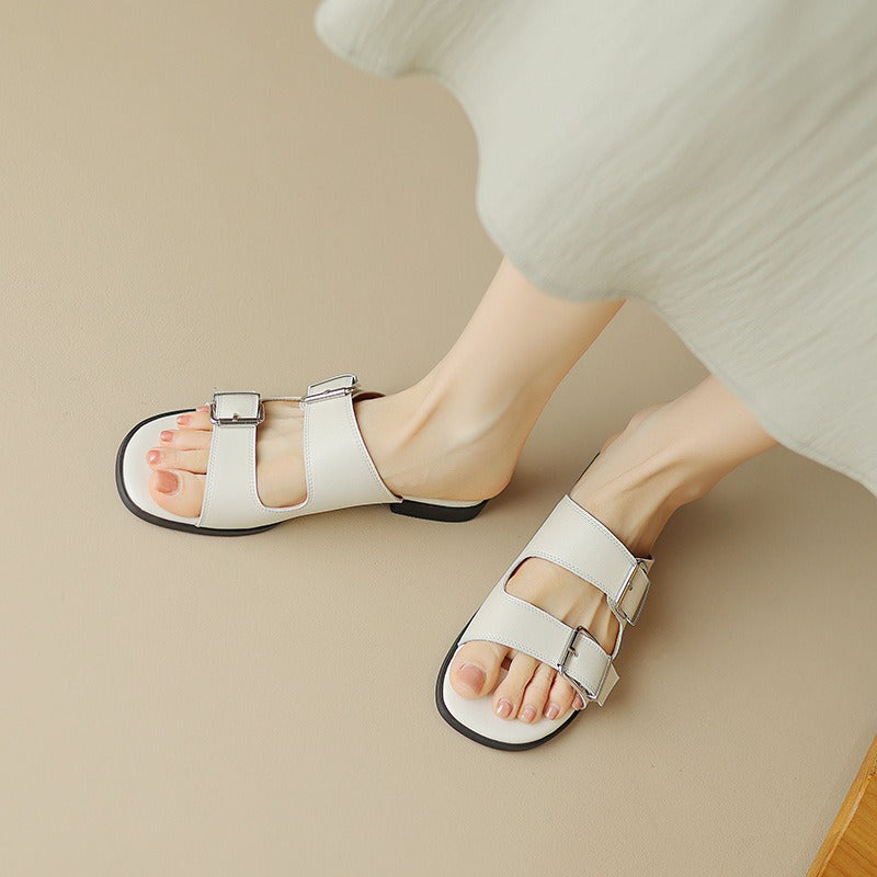 Flat bottom belt buckle round toe cowhide open toe sandals for women