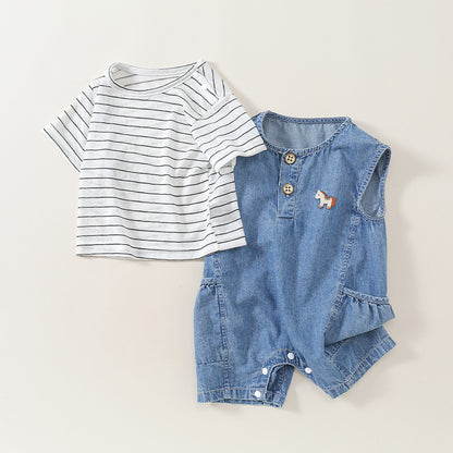 Children's Set Printed Short Sleeve Denim Vest Shorts Kids Cartoon