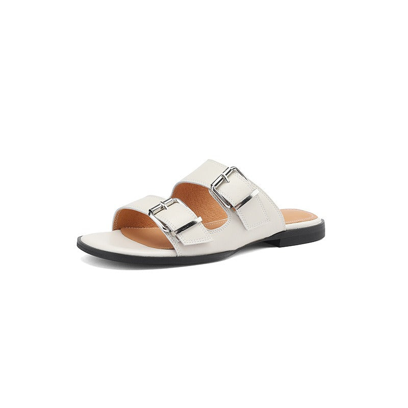 Flat bottom belt buckle round toe cowhide open toe sandals for women