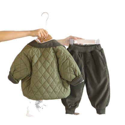 Three piece set of children's winter clothing with plush and thickened cotton jacket