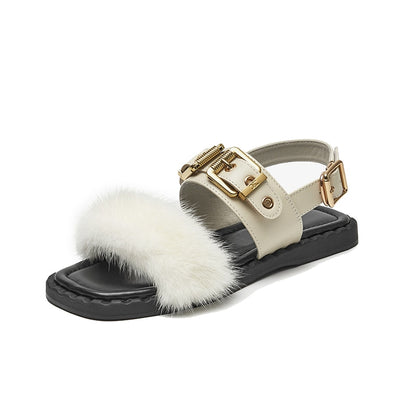 Sandals Women Cow Leather Square Toe Mink design Buckle Strap Elegant Female Flat Shoes Handmade