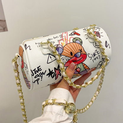 Cartoons Graffiti Cylindrical Pu Leather Zipper Crossbody Bags For Women Fashion Chain Shoulder Handbags And Purses Lady