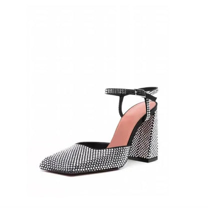 Rhinestone Thick High Heels and Toe Sandals for Women, Retro Mary Jane Single Shoes, Fashionable and Sexy, European and American