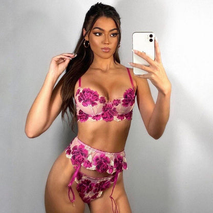 Underwear three-piece set embroidery big flower Mosaic fun underwear underwear garter belt bra and panty set  lingerie set