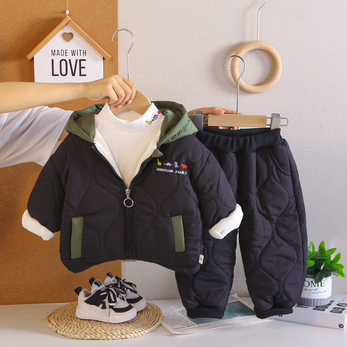 Thickened winter baby hooded cotton jacket three piece set