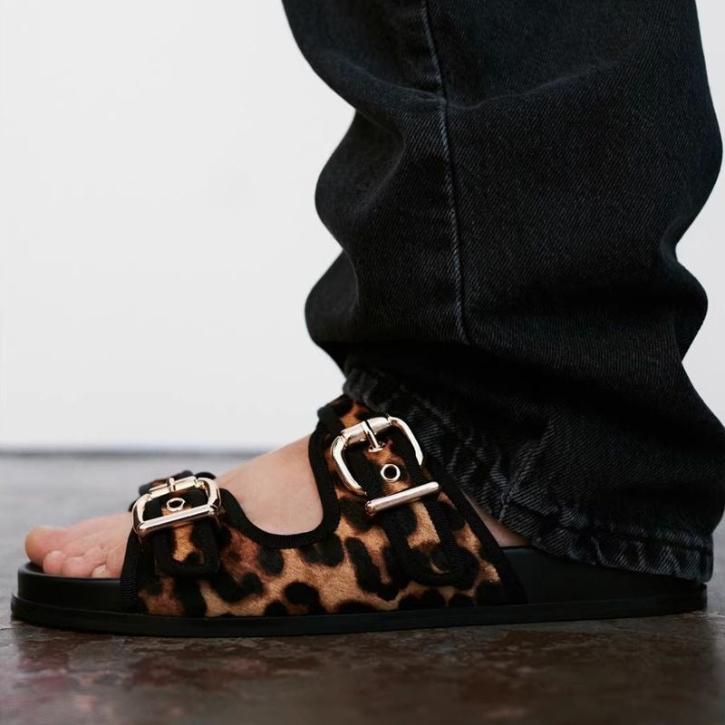 Printed round toe flat bottom buckle thick sole casual sandals and slippers for women