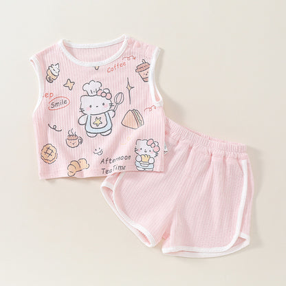 Cute Baby Girl Outfit Set, Thin Sleeveless Top Two-Piece Set
