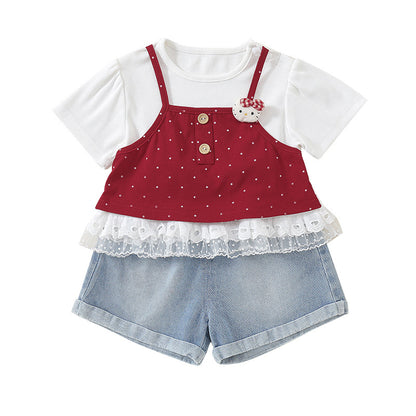 Cute Baby Girl Outfit Set, Overalls with Faux Two-Piece Denim Pants