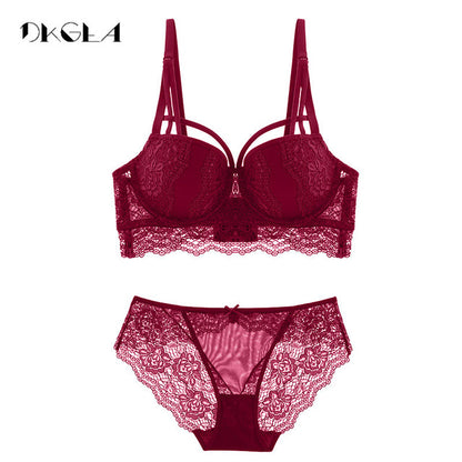 Top Sexy Underwear Set Cotton Push-up Bra and Panty Sets 3/4 Cup Brand Green Lace Lingerie Set Women Deep V Brassiere Black