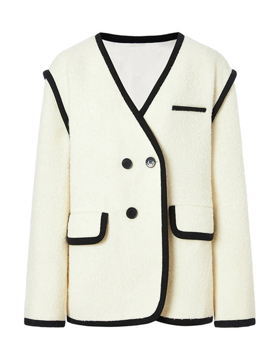 Vintage Coats For Women V Neck Long Sleeve Patchwork Single Breasted Casual Coat Female Fashion Clothing