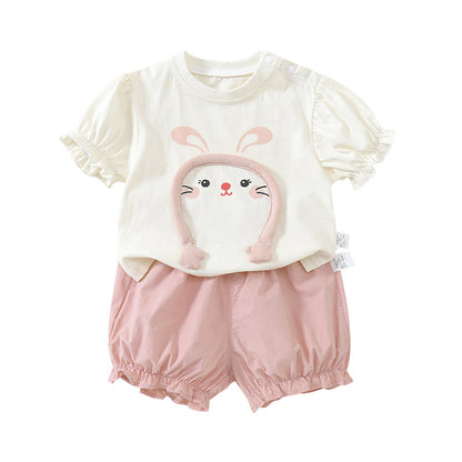 Cute Rabbit Cartoon Short Sleeve Two-Piece Set for Toddlers