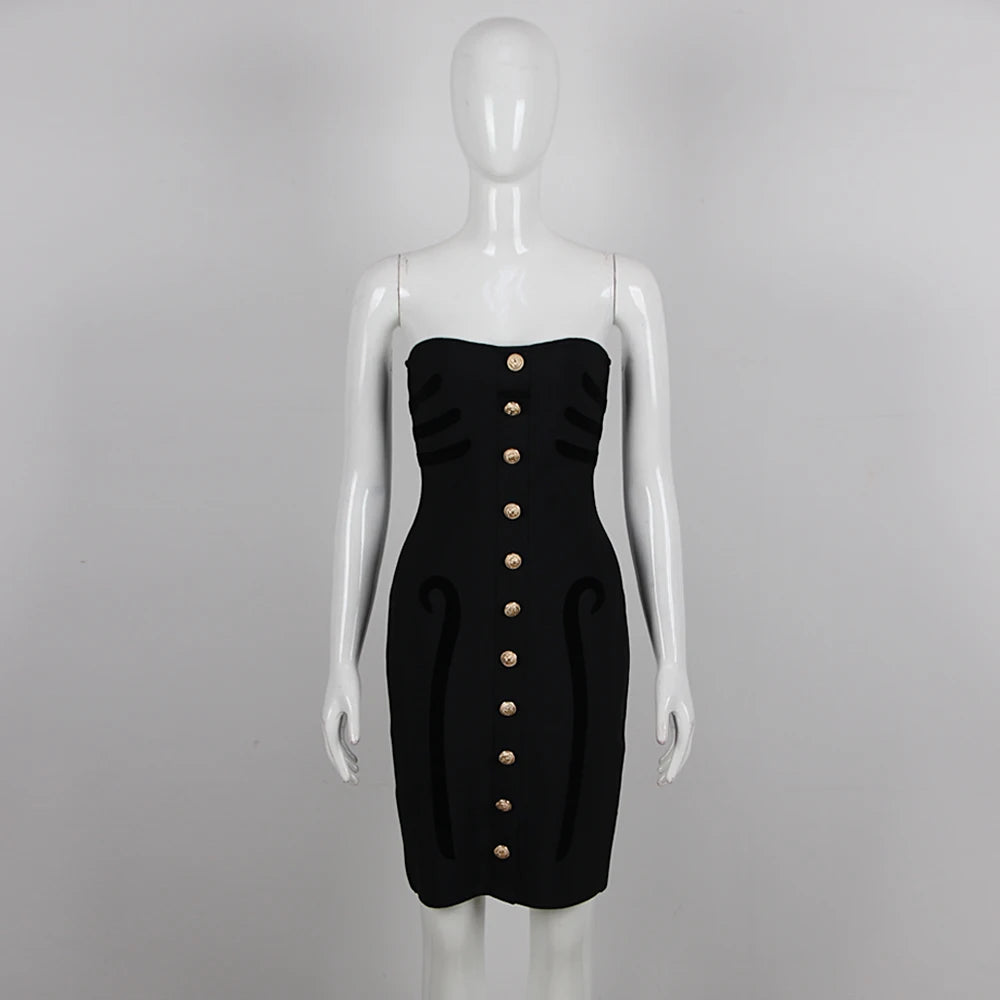 Fashion Party Mini Dress Women Sexy Strapless Black Bandage Slim Female Clothing With Gold Button Vestido