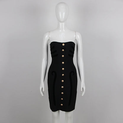 Fashion Party Mini Dress Women Sexy Strapless Black Bandage Slim Female Clothing With Gold Button Vestido