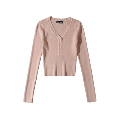 Fall Solid Color Sexy Deep V-Neck Half-Button Long Sleeve Knit Top for Women, High-Waisted Short Crop Bodysuit, Underwear Style