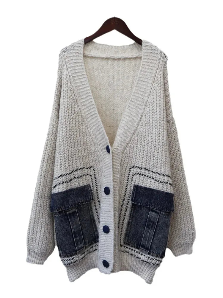 V-Neck Loose Cardigan Women Long Sleeve Single Breasted Pockets Sweater Coat Women's Clothing Autumn Winter