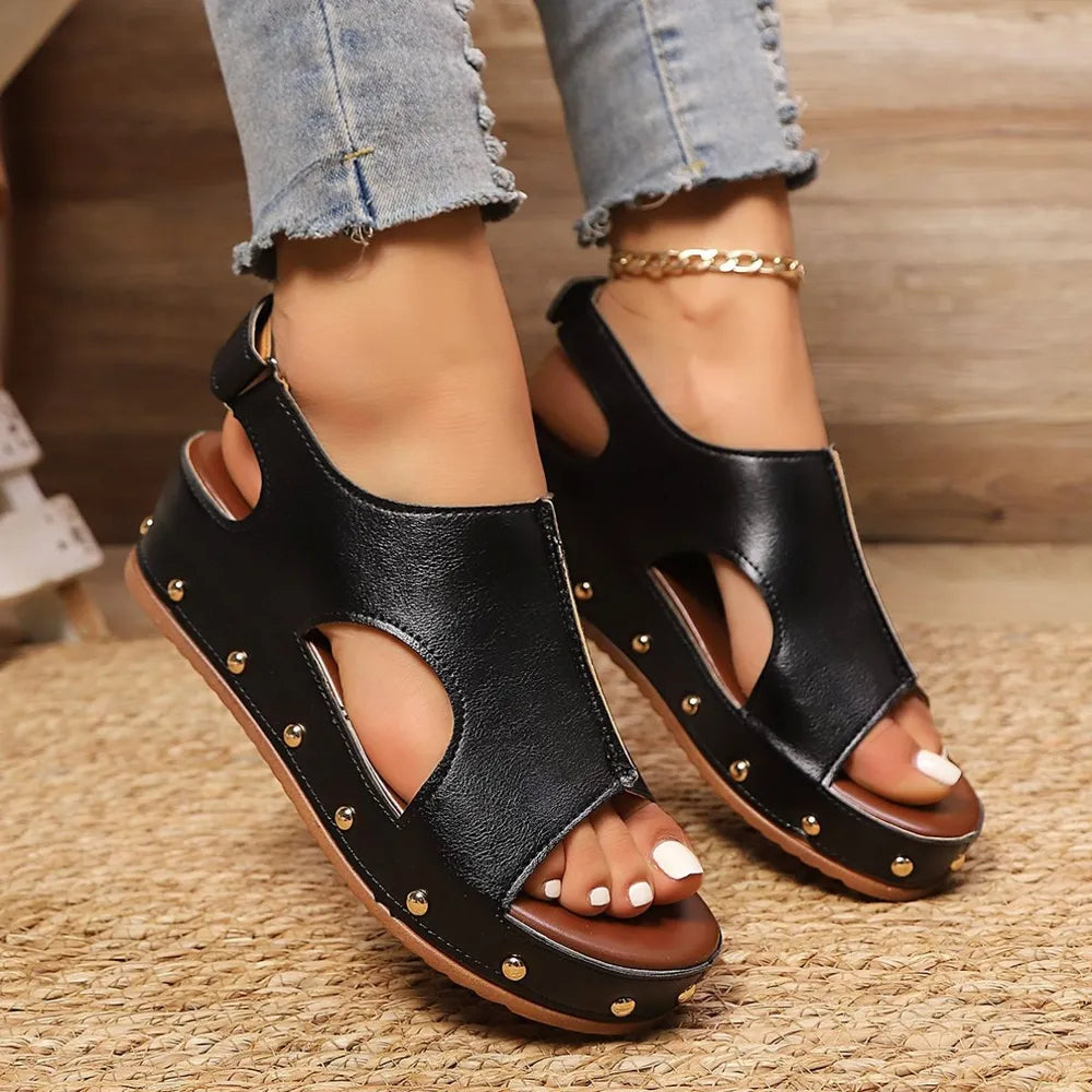 Thick soled wedge sandals for women with Velcro rivets flat bottomed fish mouth sandals