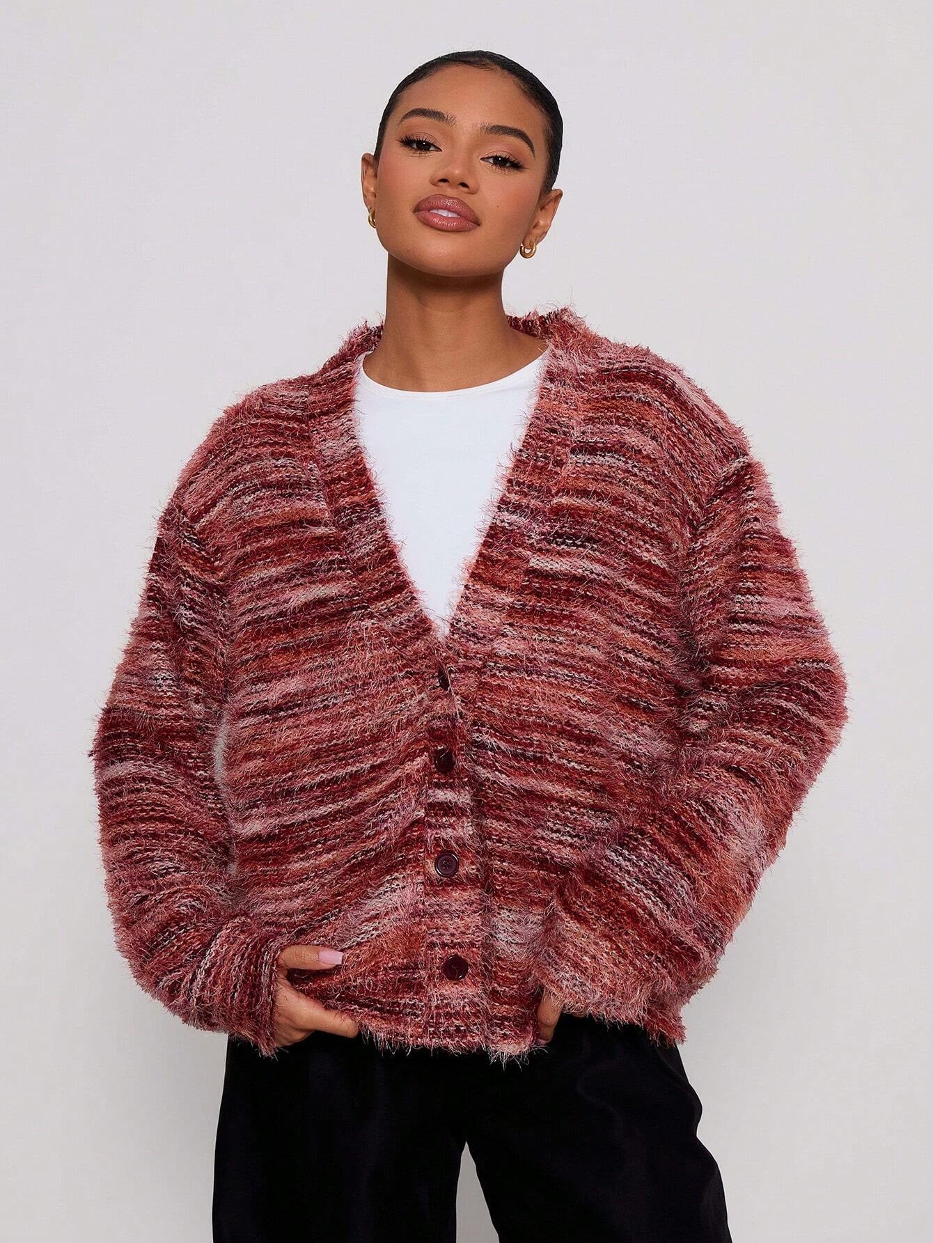 Fashionable Vintage Deep V-Neck Melange Fleece Long Sleeve Cardigan