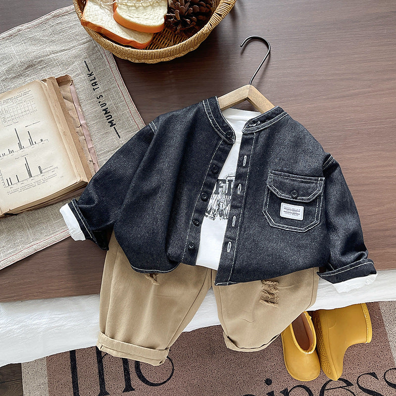 Children's denim long sleeved three piece set for baby spring and autumn