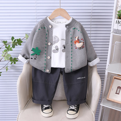 Spring and Autumn Knitted Cardigan Long Sleeve Three Piece Set
