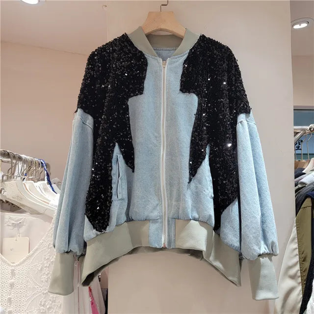 European Style Long Sleeved Fitting Women Clothing Contrasting Sequin Denim Jacket Loose Overcoats