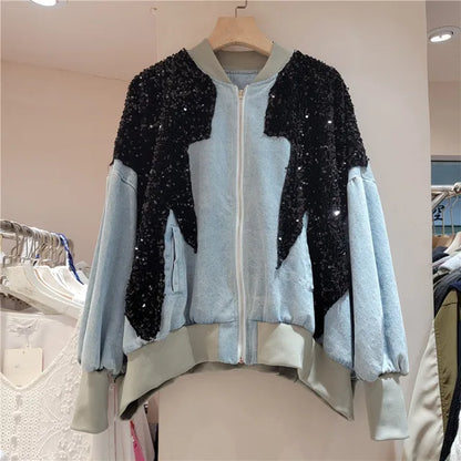 European Style Long Sleeved Fitting Women Clothing Contrasting Sequin Denim Jacket Loose Overcoats