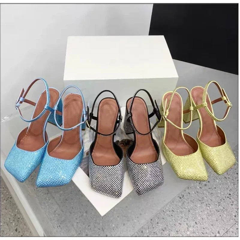 Rhinestone Thick High Heels and Toe Sandals for Women, Retro Mary Jane Single Shoes, Fashionable and Sexy, European and American