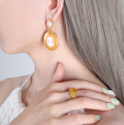 Baroque imitation pearl oval portrait metallic earrings women fashion trend titanium steel gold plated earrings accessories