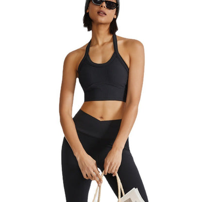 New Fitness Sports Bra Underwear Women Ribbed Hanging Neck Shock Absorbent Yoga Tank Top