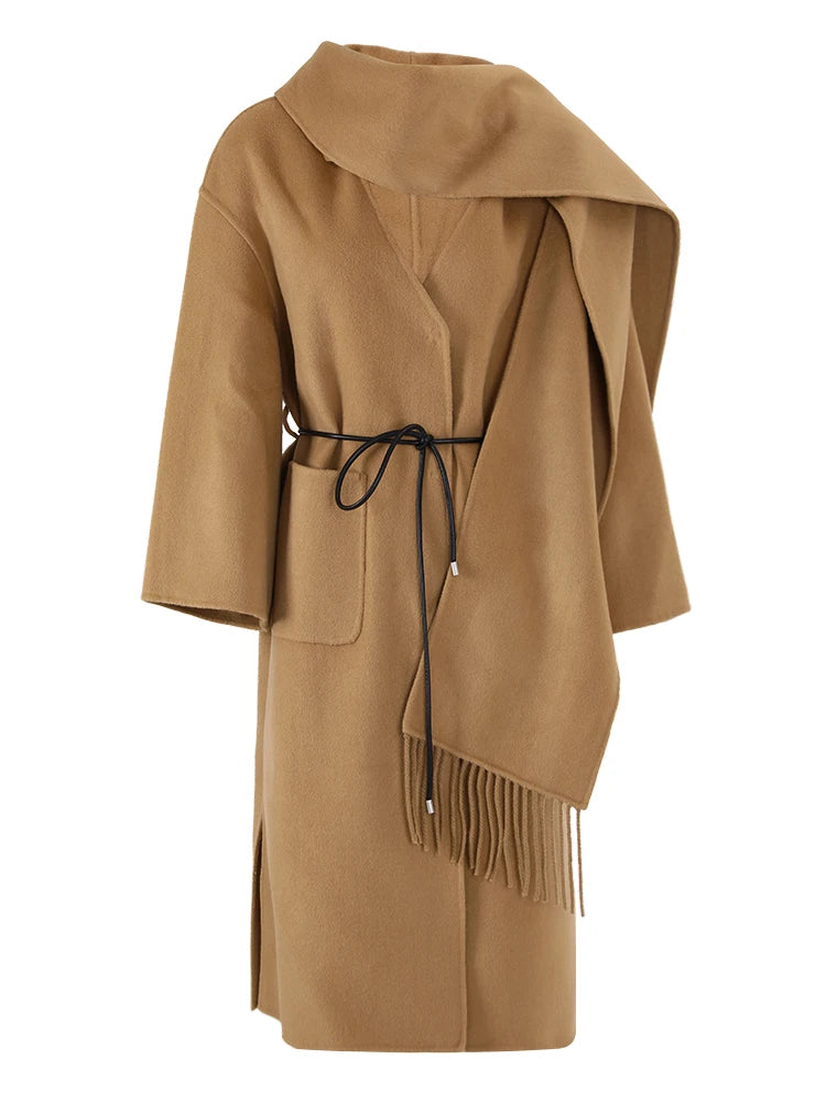 Winter New Long Woolen Coat Women Tassel Scarf Collar Belt Gathered Waist Solid Color Fashion Clothing