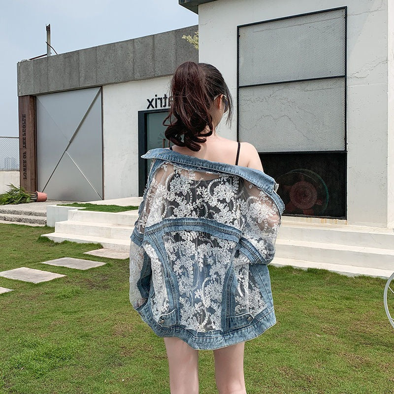 Lace mesh embroidered denim patchwork sun protection clothing for women
