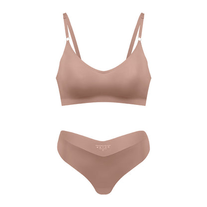 Large size V-neck underwear set for women, no steel ring seamless underwear with briefs for women