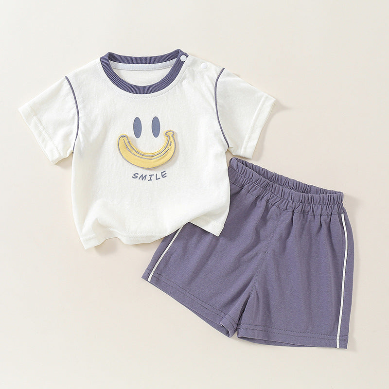 Children's Outfit Cartoon Banana Smile Print Short Sleeve Two-Piece Set