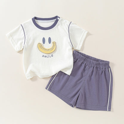 Children's Outfit Cartoon Banana Smile Print Short Sleeve Two-Piece Set