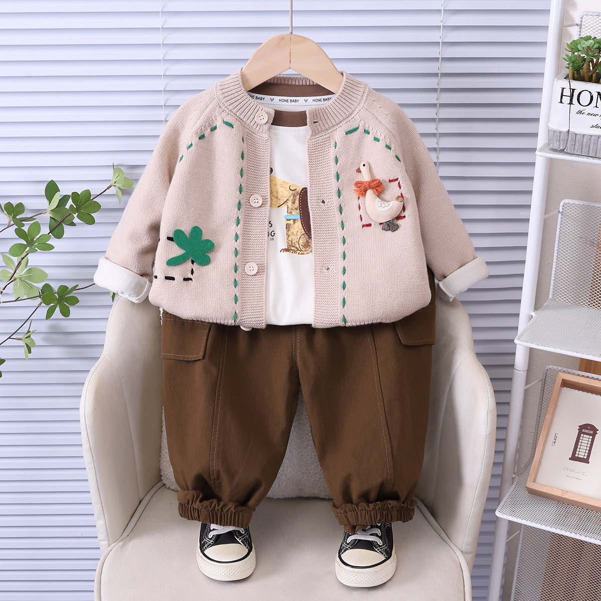 Spring and Autumn Knitted Cardigan Long Sleeve Three Piece Set