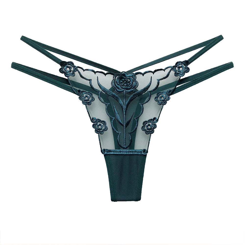Embroidered women's thong with transparent mesh and fine straps, seamless underwear for women