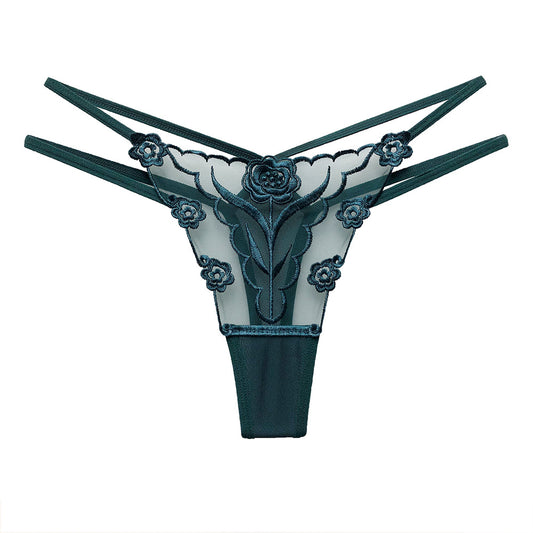 Embroidered women's thong with transparent mesh and fine straps, seamless underwear for women