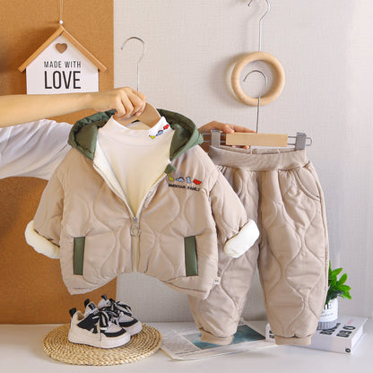 Thickened winter baby hooded cotton jacket three piece set