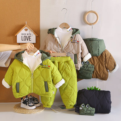 Thickened winter baby hooded cotton jacket three piece set