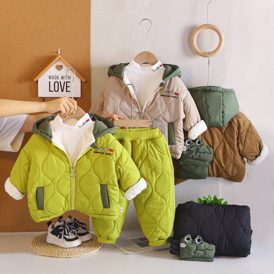 Thickened winter baby hooded cotton jacket three piece set