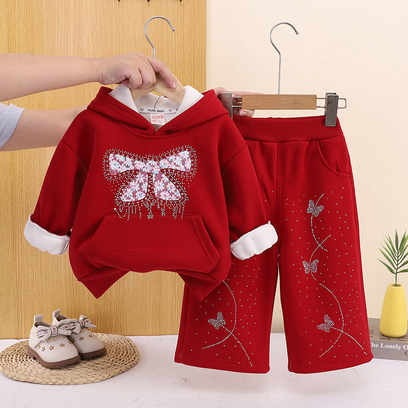 Two piece set of winter baby hoodie with added velvet and thickening