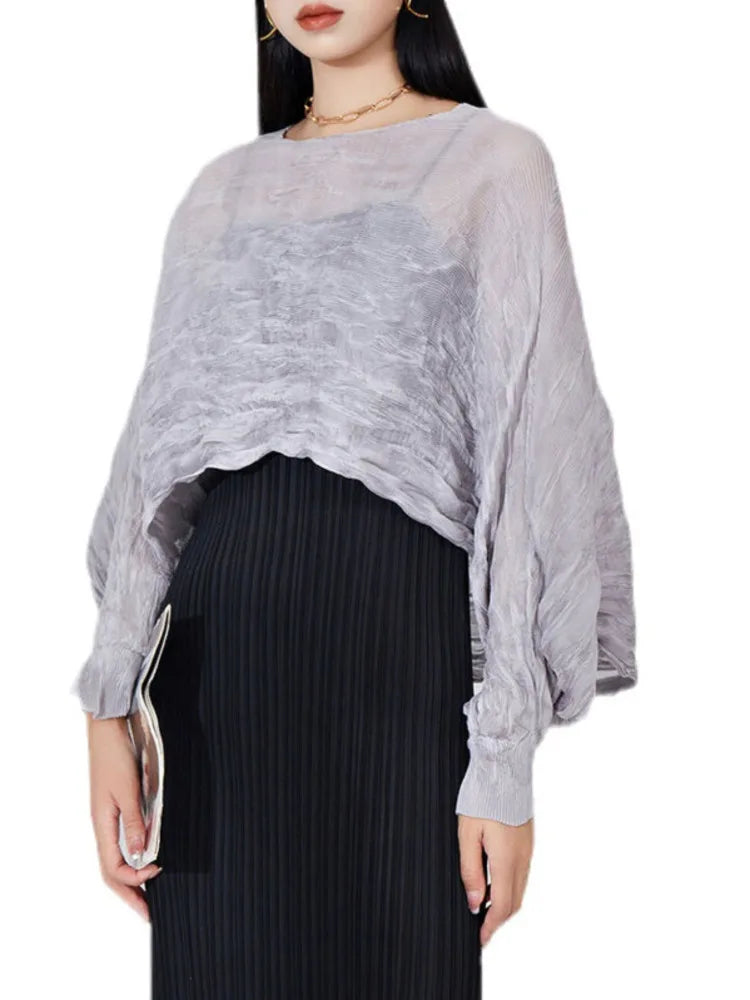 Pleated Long Sleeve Blouse For Women Round Collar Solid Color  Summer Elegant Female Casual Breathable Clothing